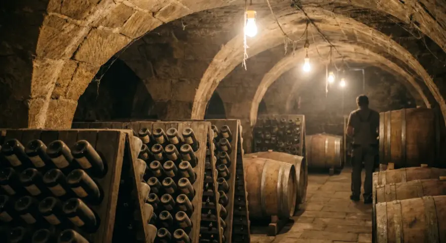 Weinlager mit Flaschenständern und Fässern. Ein Mann steht im Gang, wo die Methode Champenoise zur Reifung des Weins angewendet wird.