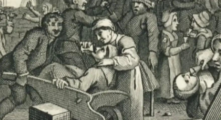 Eine Szene aus der Gin-Geschichte: Menschen in einer Taverne, einige trinken, andere scheinen zu leiden.