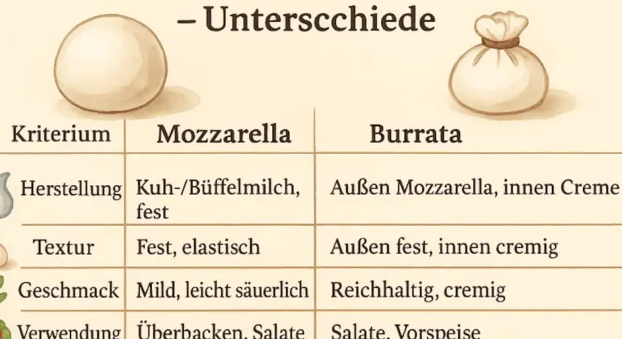 Vergleichstabelle: Was ist Burrata? Außen Mozzarella, innen cremig, reichhaltig und frisch genießen. Mozzarella ist fest und mild.