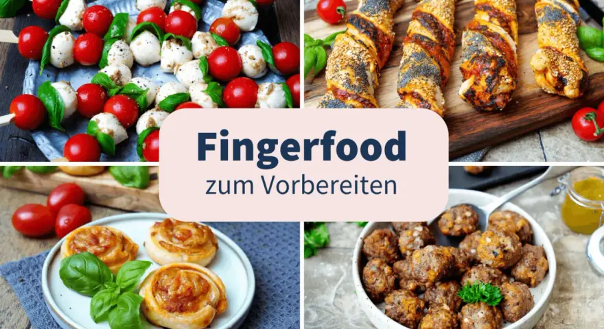 Vorbereitung für schnelles Fingerfood am Vortag: Caprese-Spieße, Blätterteig-Schnecken, Hackbällchen und herzhafte Teigstangen.