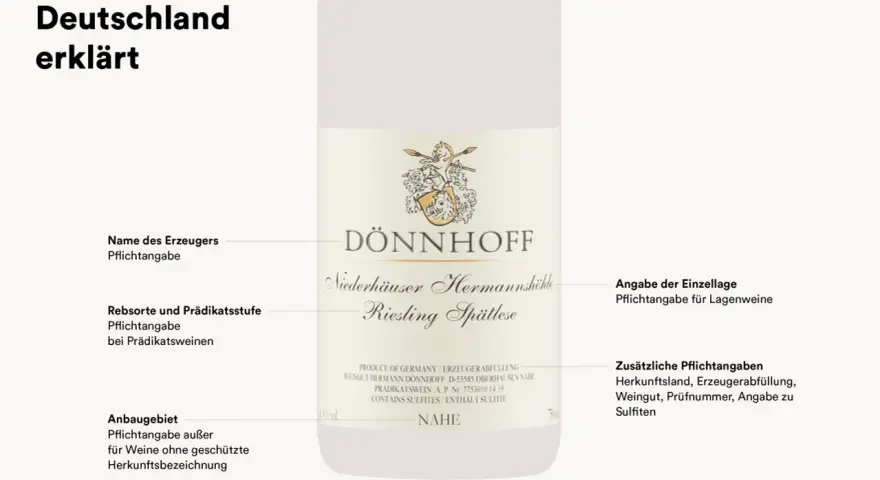 Deutsches Etikett erklärt: DÖNNHOFF Riesling Spätlese, enthält Sulfite. Veganer Wein ohne Sulfite ist hier nicht ausgewiesen.