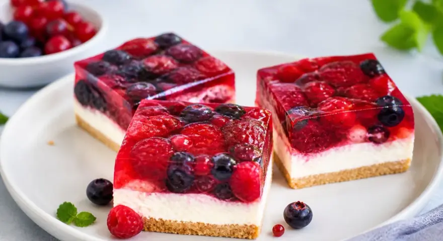 Drei Stücke einer erfrischenden sommertorte mit Beeren und Gelee auf einem Teller.