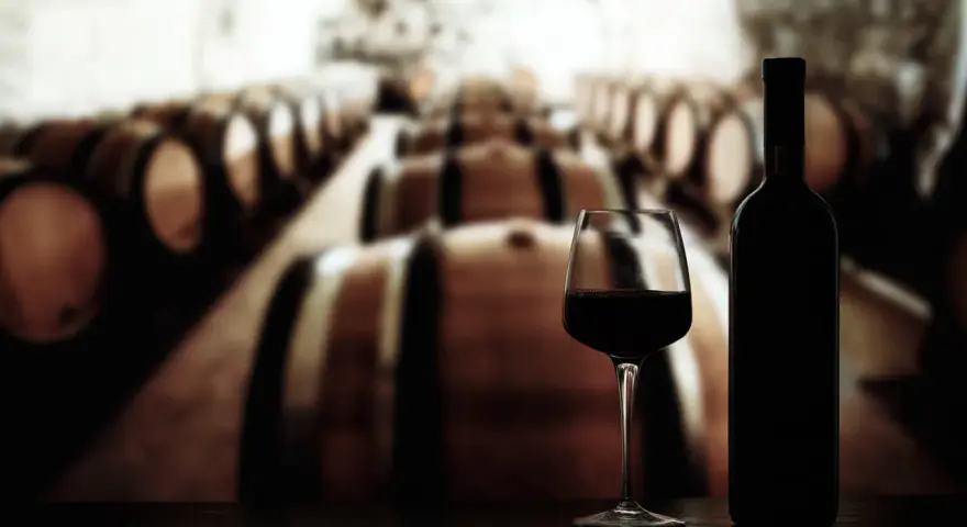 Ein Glas und eine Flasche Rotwein stehen vor einer Reihe von Eichenfässern in einer Weinkeller. Ein perfekter Rioja Spanien Wein.