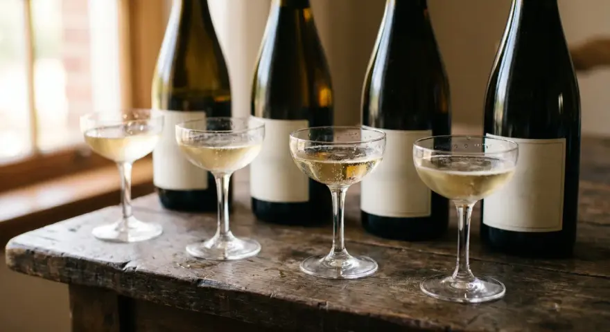 Vier Gläser mit sprudelndem Champagner Sekt stehen auf einem Holztisch vor mehreren dunklen Flaschen.