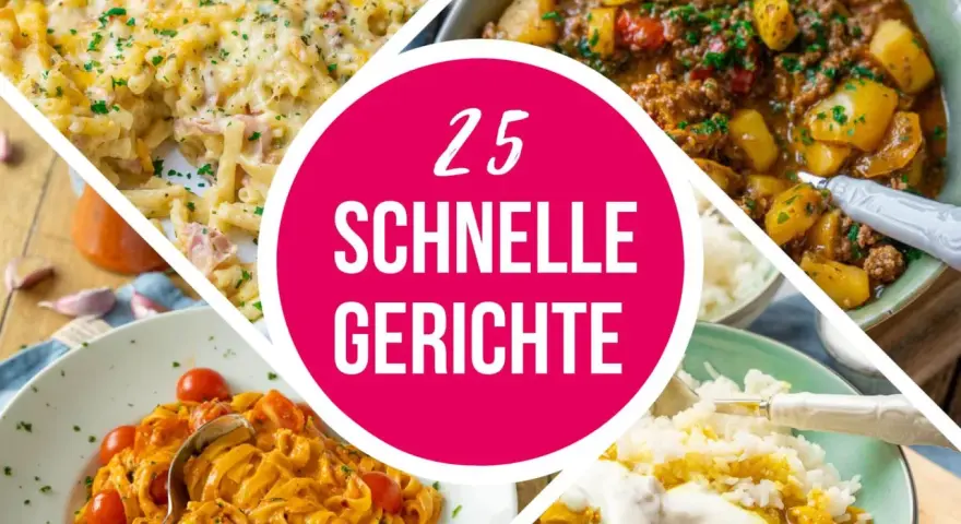 Vier leckere, schnelle Gerichte: Nudelauflauf, Gulasch mit Kartoffeln, Pasta mit Tomatensoße und Curry mit Reis. Perfekt für den Feierabend!