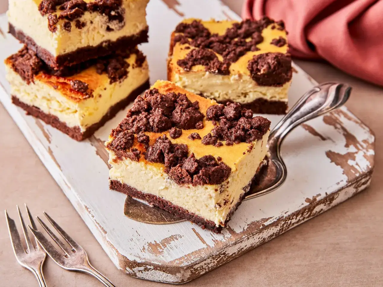 Saftiger russischer Zupfkuchen vom Blech, auf einem Holzbrett mit Gabeln und einem Servierheber.