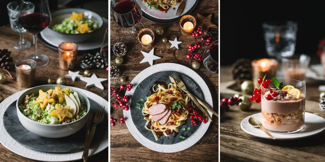 Festliche Vorspeisen und Hauptgang für das Weihnachtsessen einen Tag vorher vorbereiten. Dekoriert mit Kerzen und Tannenzapfen.
