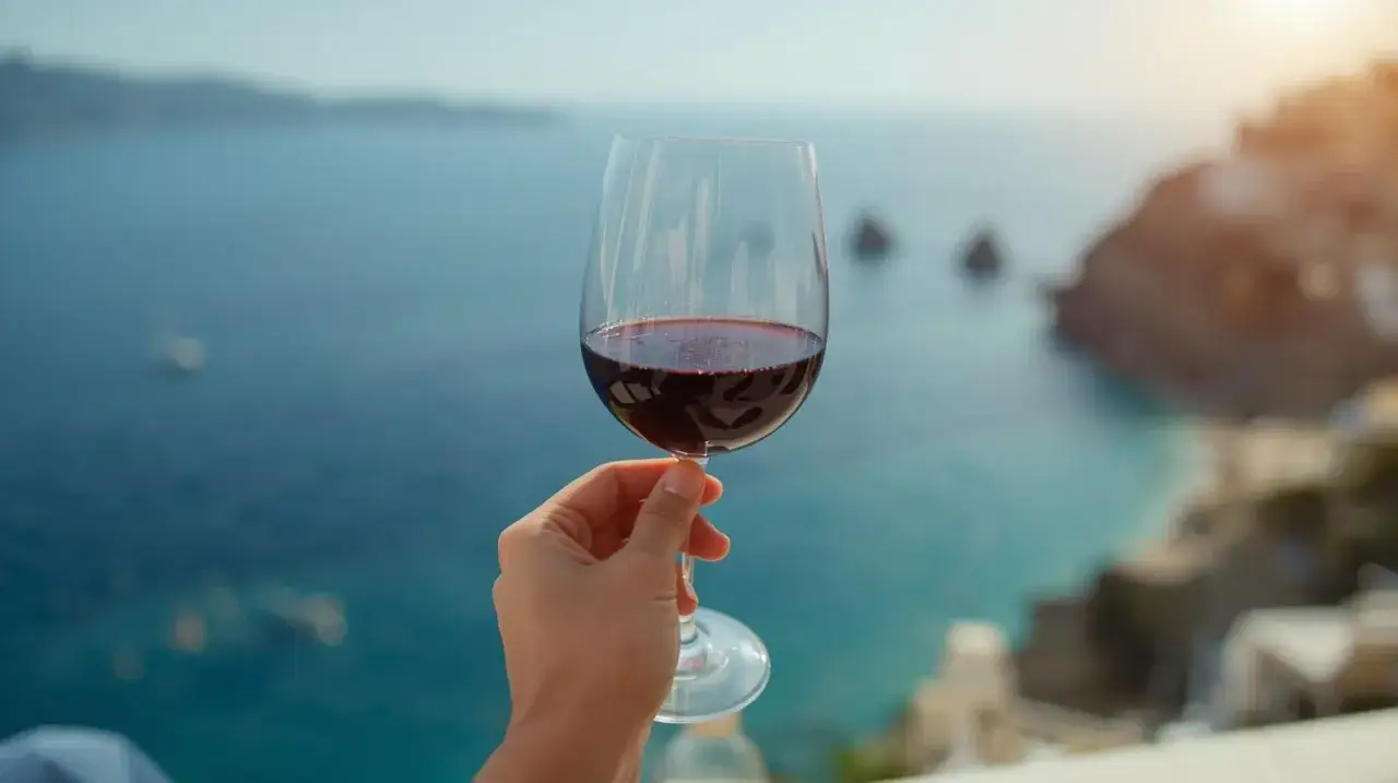 Ein Glas Rotwein mit der perfekten Primitivo Trinktemperatur vor einer malerischen Küstenlandschaft.