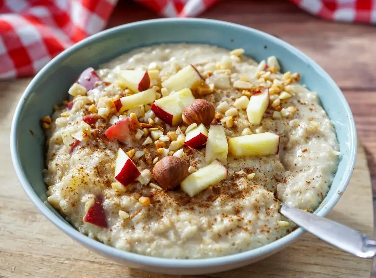 Cremige Haferflocken zubereiten mit Apfelstücken, Nüssen und Zimt. Ein leckeres Frühstück, das Energie für den Tag gibt.
