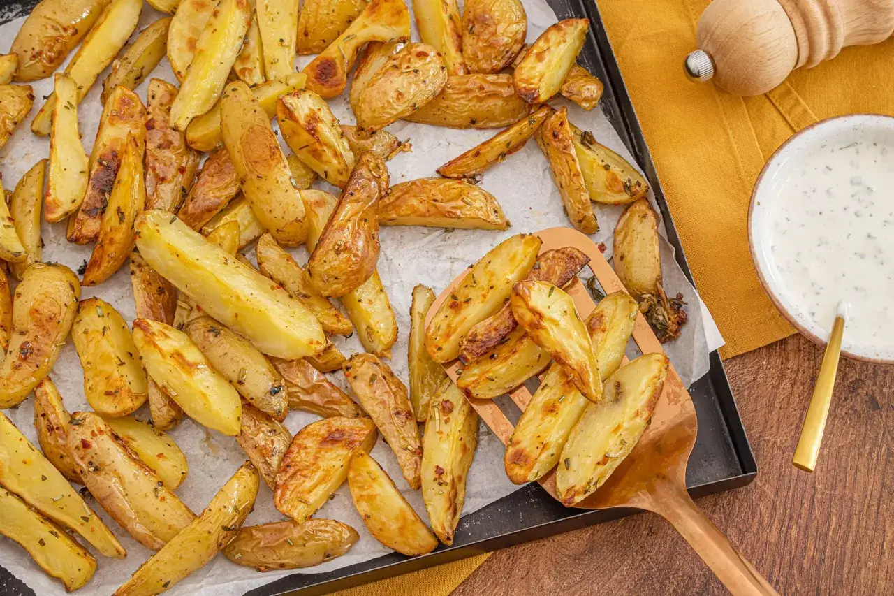 Goldbraune, knusprige Kartoffelspalten aus dem Ofen, gewürzt mit Kräutern, liegen auf einem Backblech. Daneben eine Schüssel mit Dip.