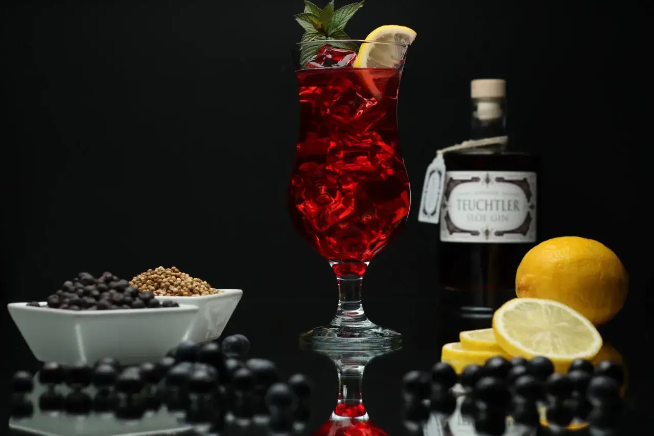 Ein erfrischender Sloe Gin Fizz mit Zitrone und Minze, daneben Zutaten wie Schlehen und Wacholderbeeren.