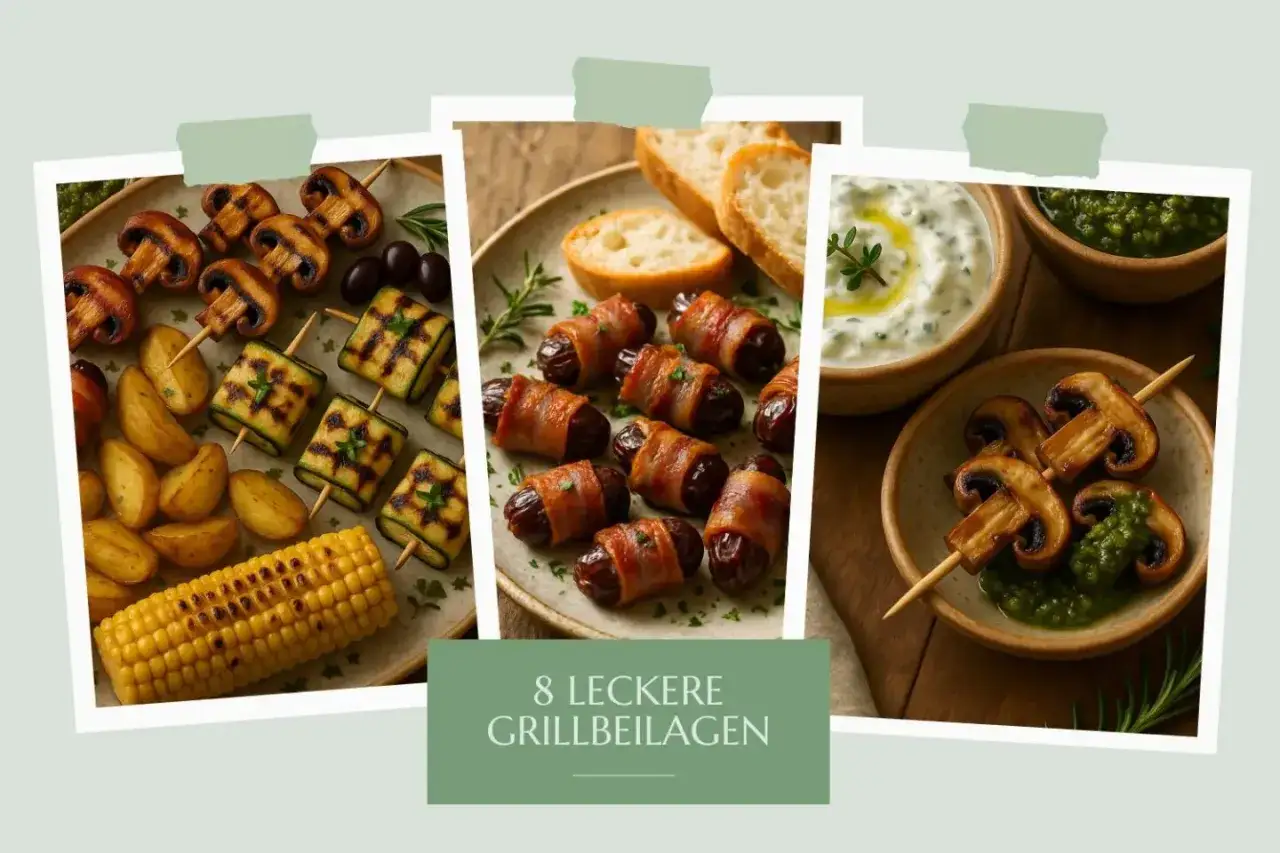 Leckere Beilagen zum Grillen: Gegrillte Pilze, Zucchini-Spieße, Speckdatteln, Kartoffelspalten und Maiskolben.