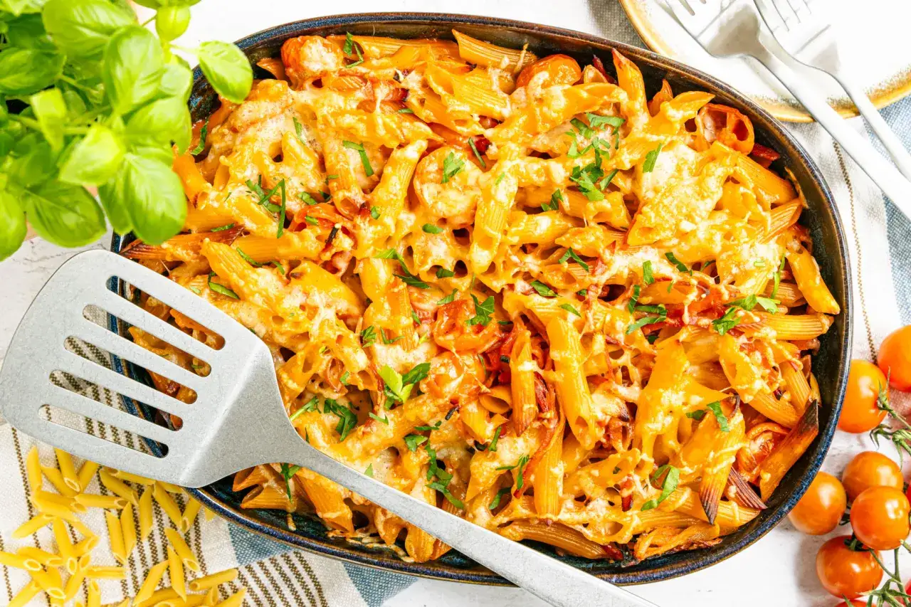 Ein köstlicher, schneller Auflauf ohne Vorkochen, mit Penne, Tomaten und geschmolzenem Käse, garniert mit frischer Petersilie.
