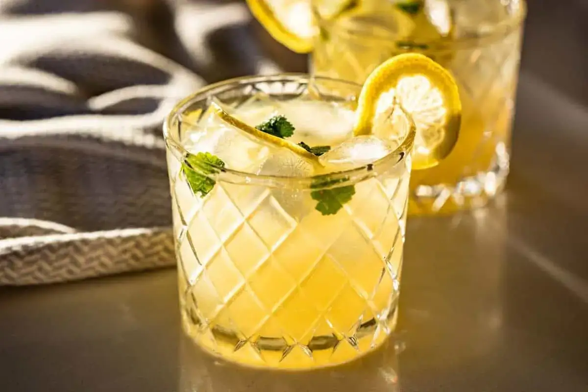 Erfrischender ginger beer cocktail alkoholfrei mit Zitrone und Minze in einem Glas mit Eis.