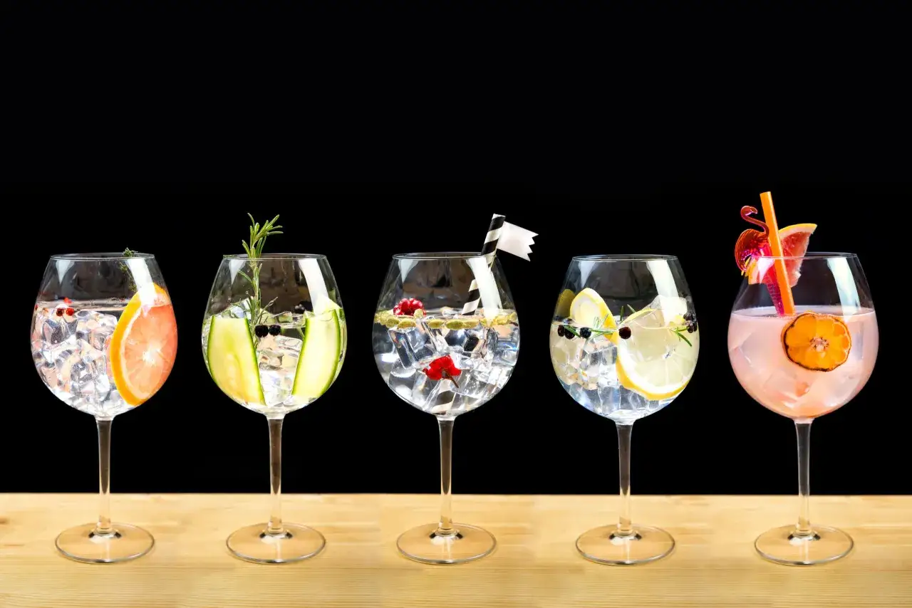 Fünf Gläser mit Gin mit Tonic Water, dekoriert mit Früchten und Kräutern, stehen nebeneinander.