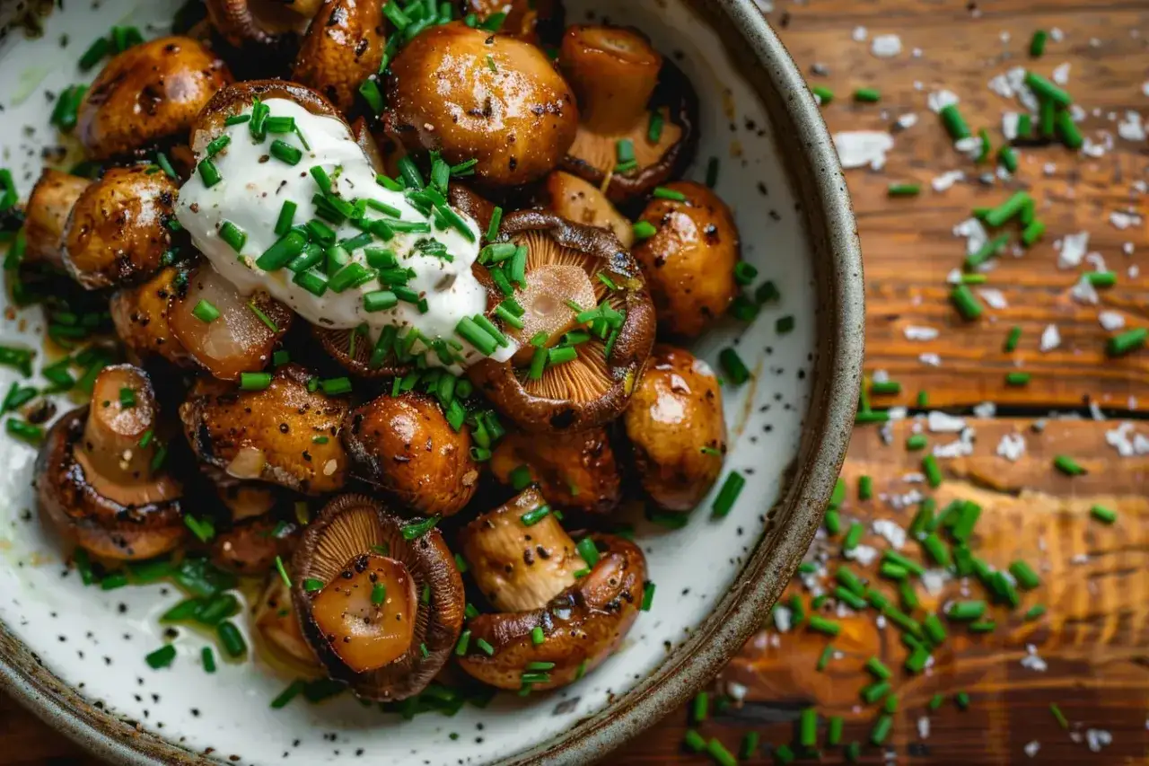 Schmackhafte, gebratene Champignons mit einem Klecks Sauerrahm und frischem Schnittlauch. Perfekt zum Genießen!
