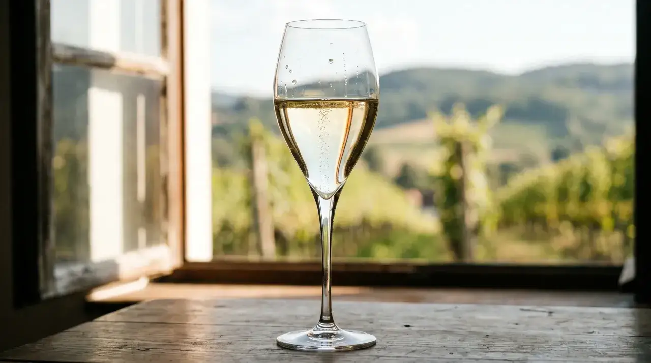 Glas Sekt mit Bläschen vor einem Fenster mit Weinbergen. Der Unterschied zwischen Wein und Sekt ist die Kohlensäure.