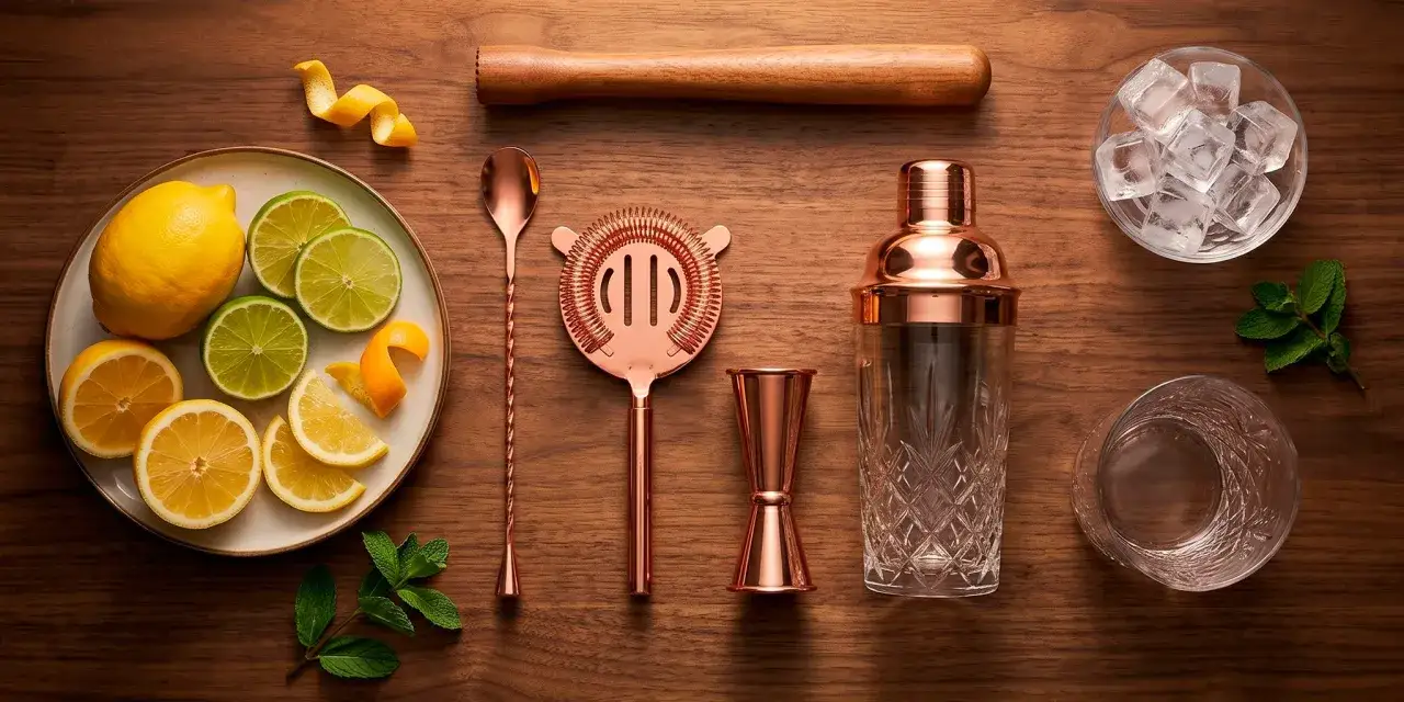 Alles für gute Cocktails: Zitrusfrüchte, Eis, Minze und Bar-Werkzeuge aus Kupfer.