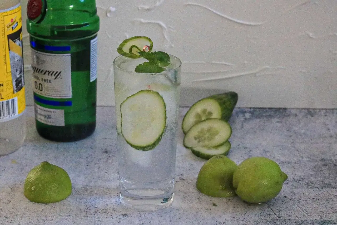 Erfrischender Gin Tonic alkoholfrei mit Gurkenscheiben und Minze. Daneben liegen Limetten und Gurkenscheiben.