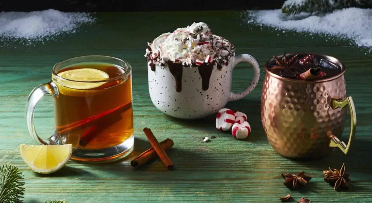 Drei winterliche Cocktails: ein heißer Tee mit Zitrone und Zimt, ein Kakao mit Sahne und Minze und ein Glühwein in Kupferbecher.