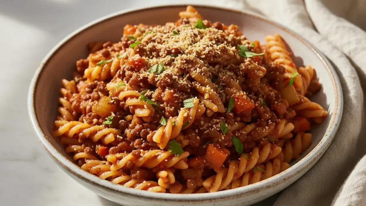 Herzhafte Linsen-Bolognese mit Spiralnudeln, bestreut mit geriebenem Käse und Petersilie. Ein köstliches Gericht, das zeigt, wie vielseitig Linsen Rezepte sein können.