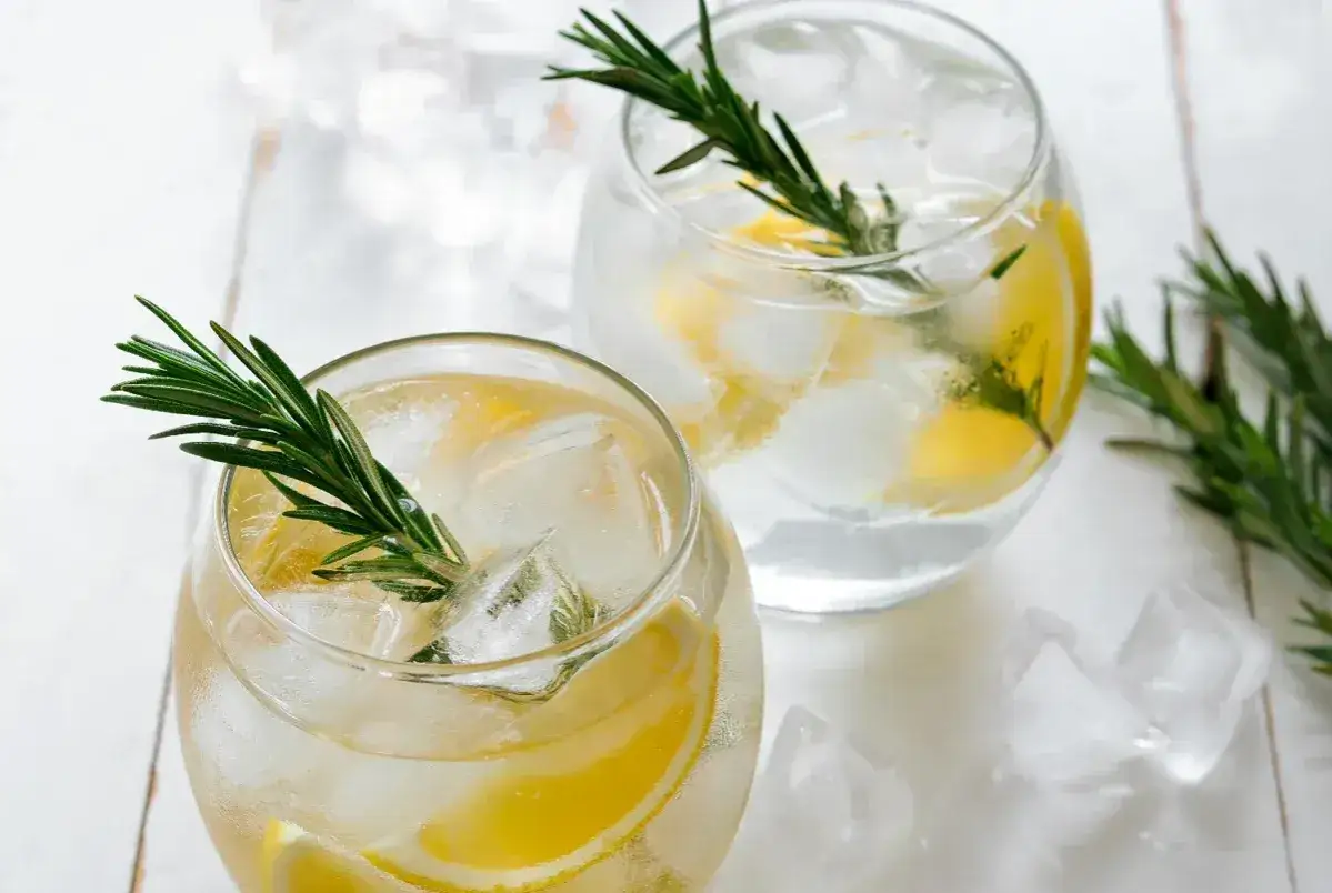 Zwei erfrischende Jean Tonic Cocktails mit Zitrone und Rosmarin, serviert mit Eiswürfeln auf weißem Holz.