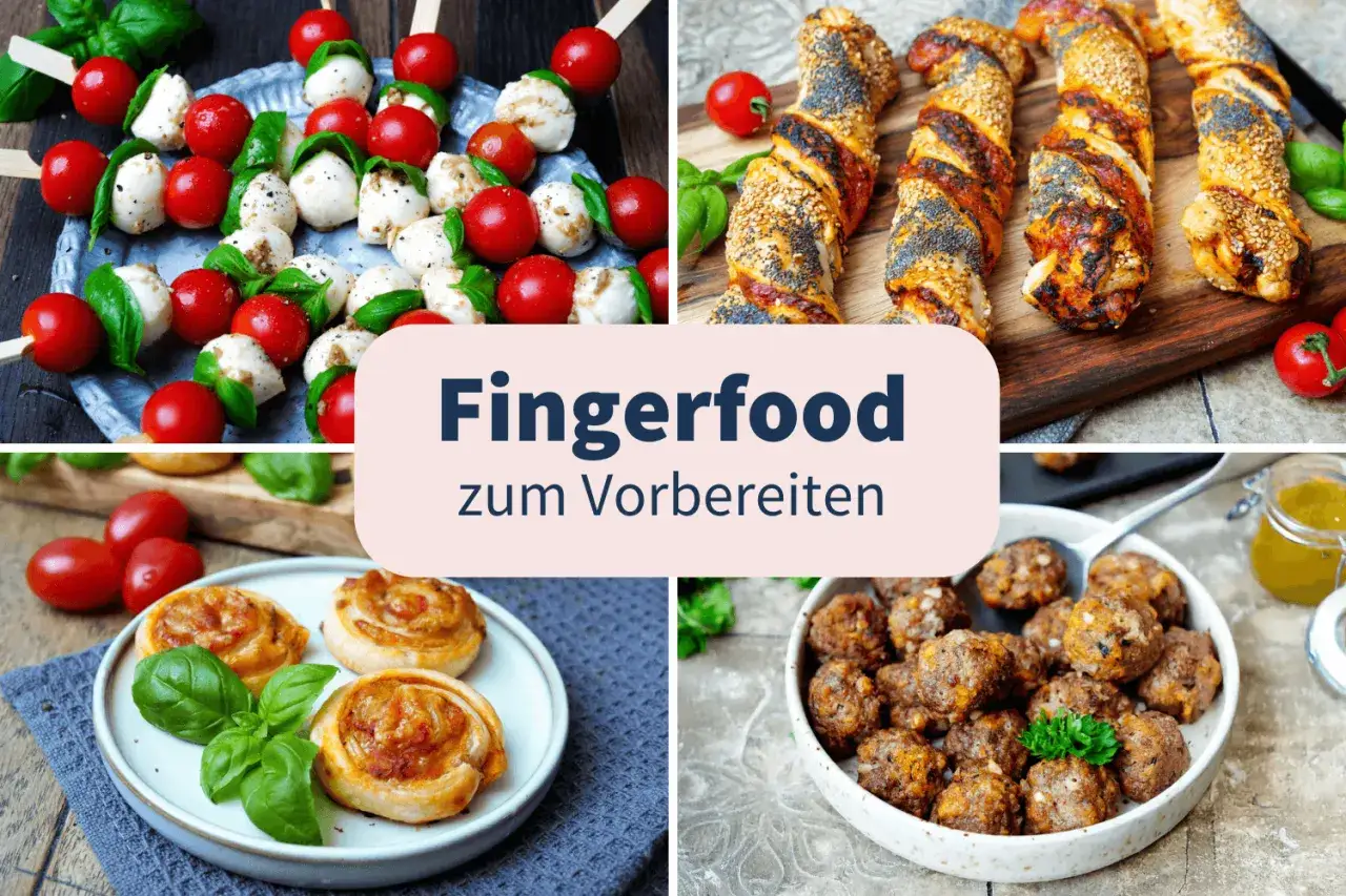 Vorbereitung für schnelles Fingerfood am Vortag: Caprese-Spieße, Blätterteigschnecken, Hackbällchen und herzhafte Teigstangen.
