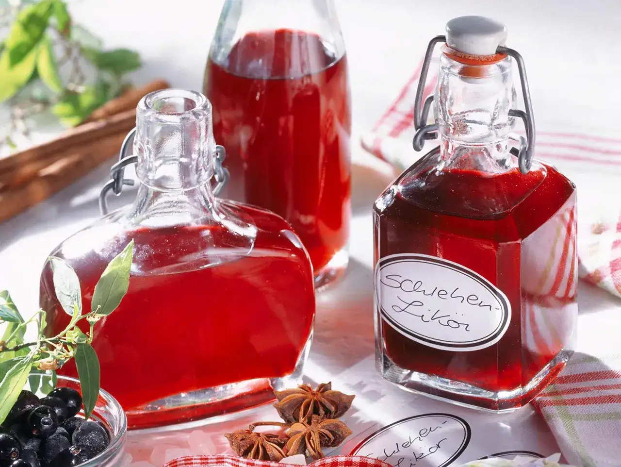 Flaschen mit rotem Schlehenlikör, bereit für das sloe gin rezept. Frische Schlehen und Sternanis deuten auf die Aromen hin.