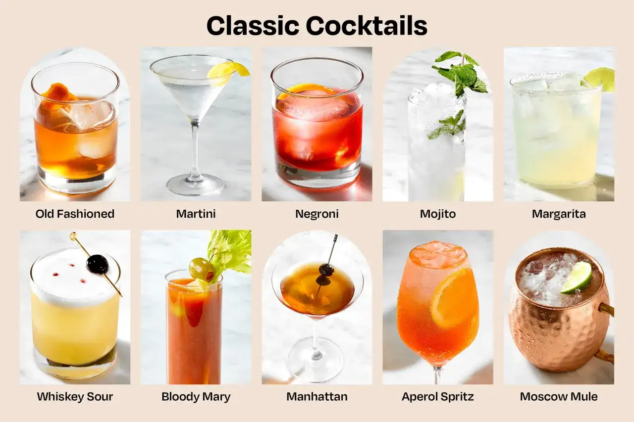 Eine Auswahl der besten Cocktails: Old Fashioned, Martini, Negroni, Mojito, Margarita, Whiskey Sour, Bloody Mary, Manhattan, Aperol Spritz und Moscow Mule.