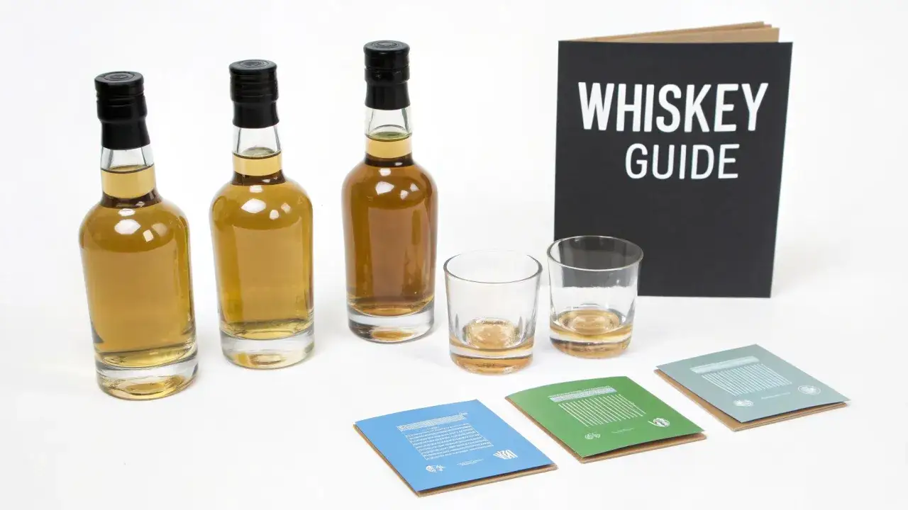 Drei Flaschen mit bernsteinfarbenem Whiskey, Gläser und ein