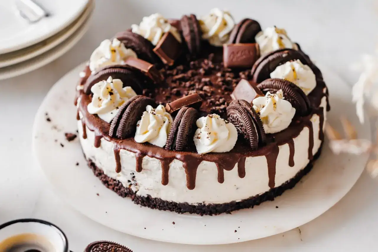 Ein köstlicher no bake Kuchen mit Oreo-Keksen, Schokoladendrip und Sahnetupfern. Perfekt für jeden Anlass!