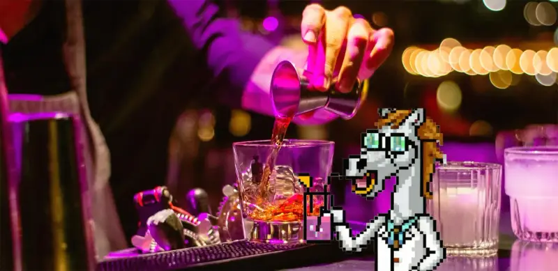 Pixel-Pferd mixt einen Drink, während ein Barkeeper Eis und Alkohol in ein Glas gießt. Perfektes Gin-Tonic-Verhältnis im Fokus.