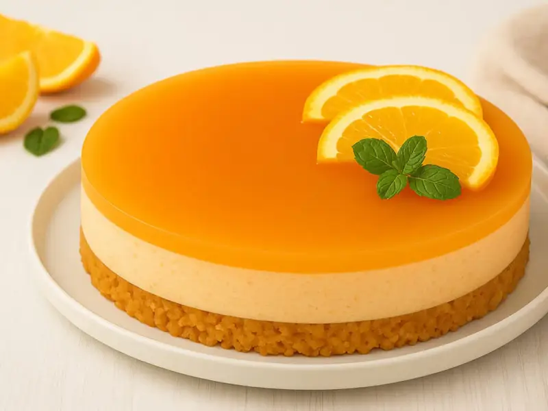Eine leuchtend orangefarbene Aperol Torte mit Orangenscheiben und Minze, auf einem weißen Teller.