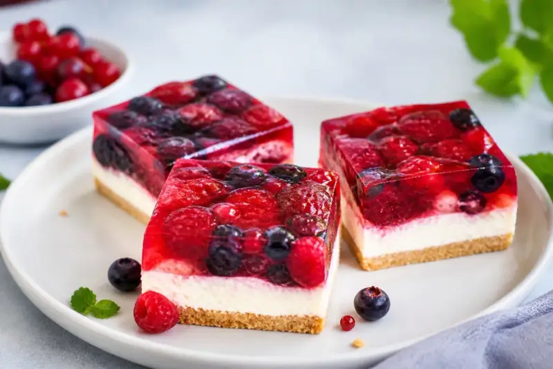 Drei Stücke einer erfrischenden sommertorte mit Beeren und Gelee auf einem Teller.
