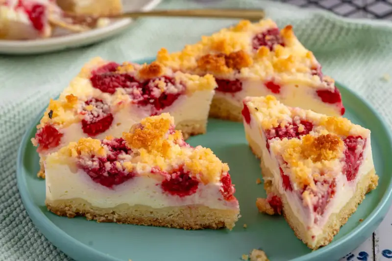 Saftiger Himbeer Streuselkuchen mit cremigem Käsekuchenbelag und knusprigen Streuseln. Ein Genuss für jeden Kaffeetisch.